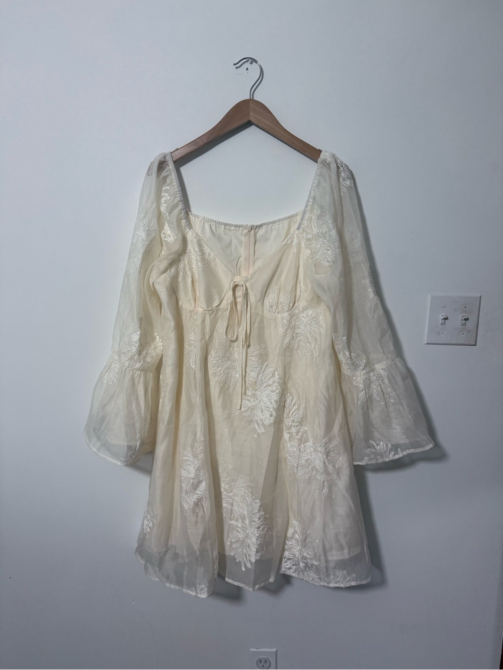 SHEIN Sheer Ivory Embroidered Peasant Dress